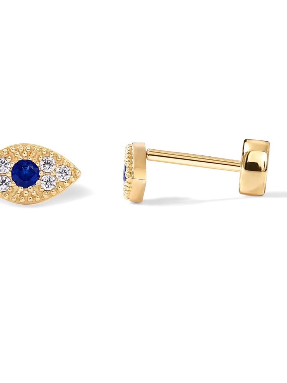 Gold Plated Blue Crystal Evil Eye Flat Back Stud Earrings
